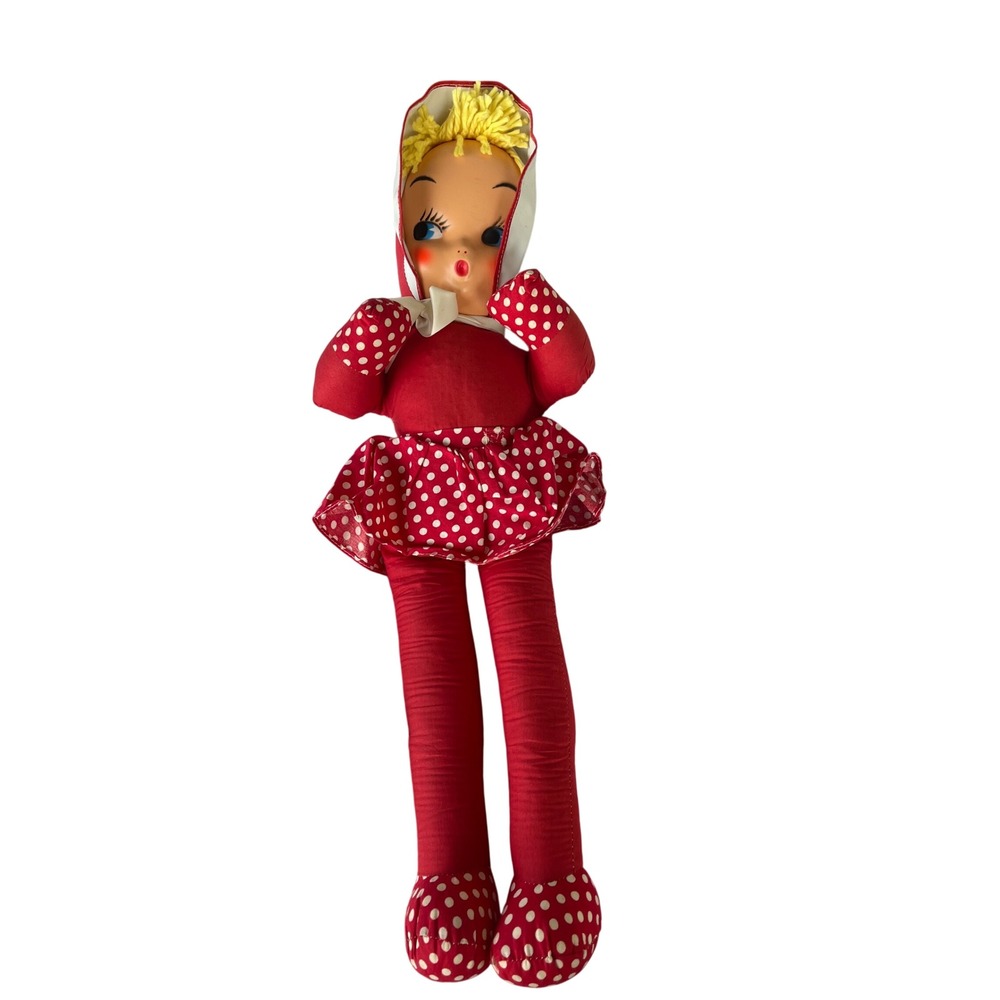 Vintage Christmas Elf Doll & Toy Inc Red Cloth Doll Vinyl Face Yarn Hair 22in